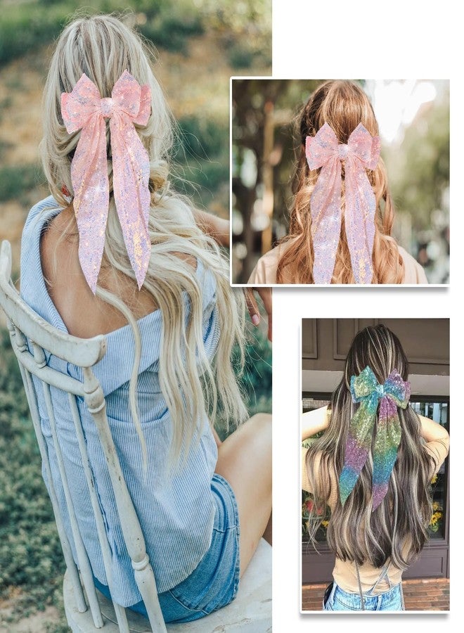 Ninejuize 2Pcs Glitter Hair Big Bows for Women Sequin Hair Bows Clips Sparkly Bowknot Style Barrettes Long Tail Hair Accessories - Image 5